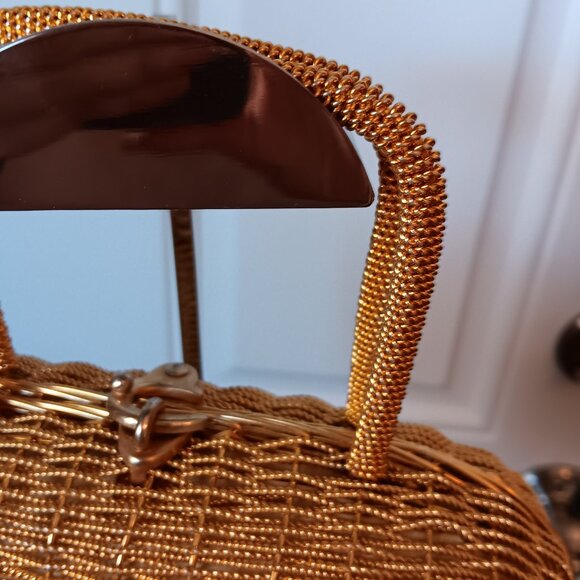 VINTAGE WOMEN'S SKALNY GOLD TONE METAL BASKET WEAVE HANDBAG - Picture 3 of 9